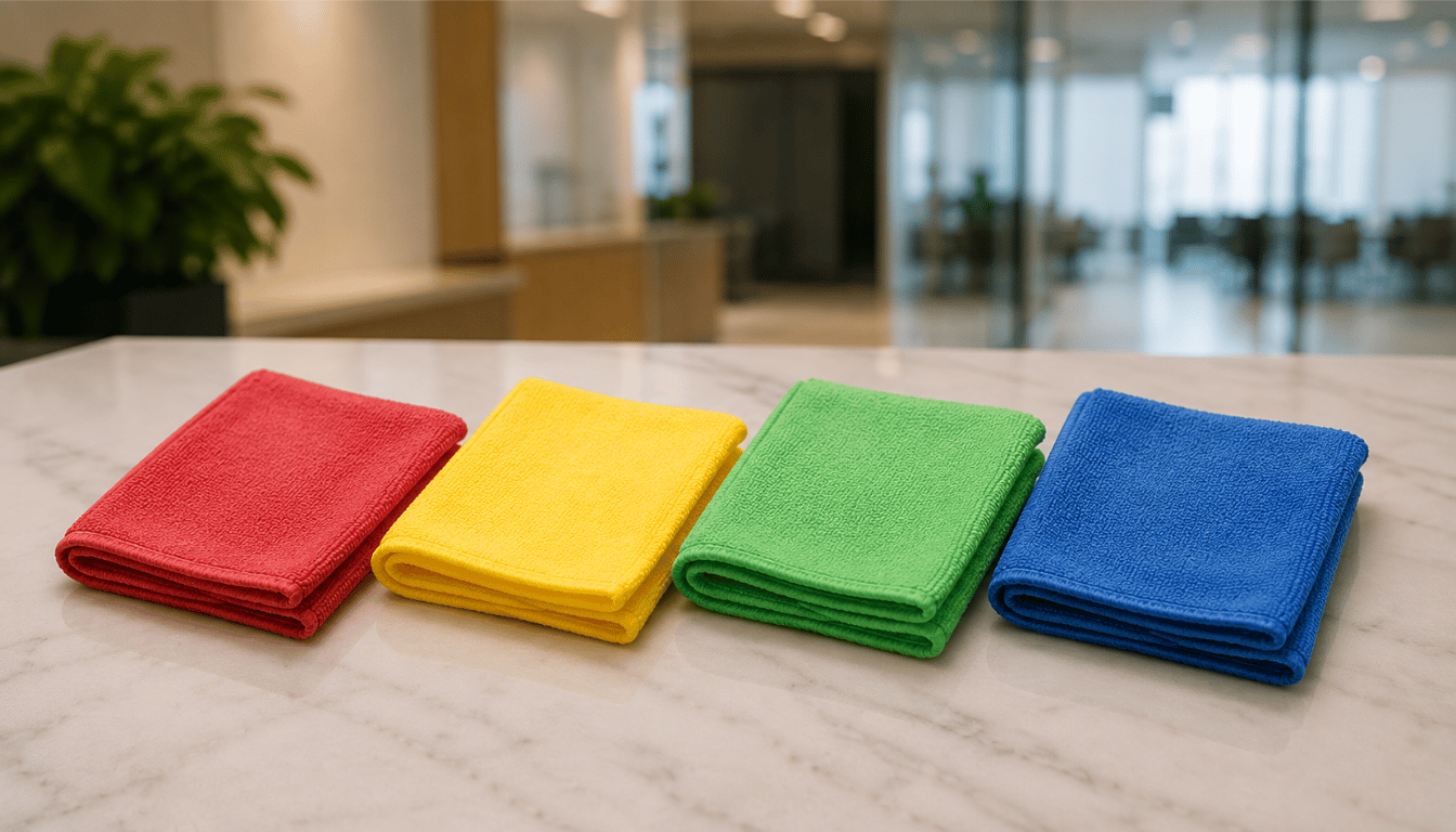 Kain microfiber berkode warna merah, kuning, hijau, dan biru untuk zona kebersihan berbeda