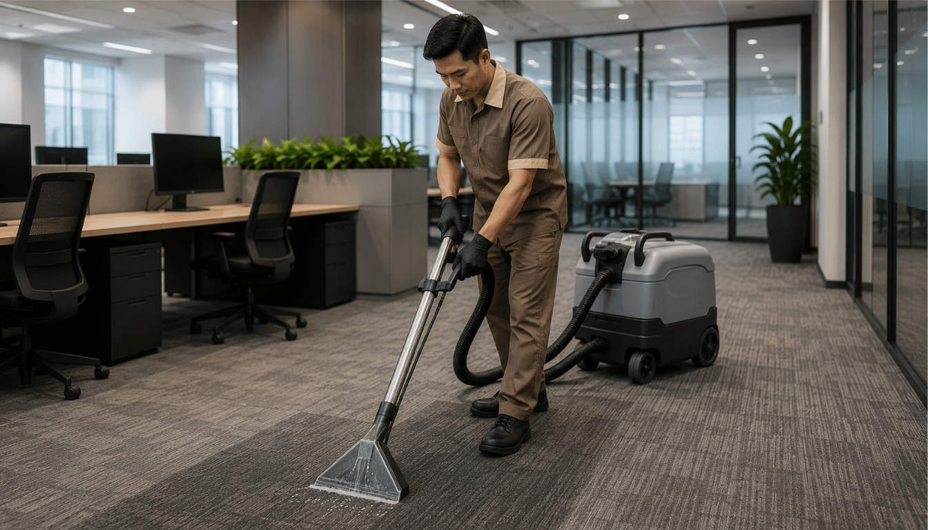Teknisi menggunakan mesin extraction untuk deep cleaning karpet kantor