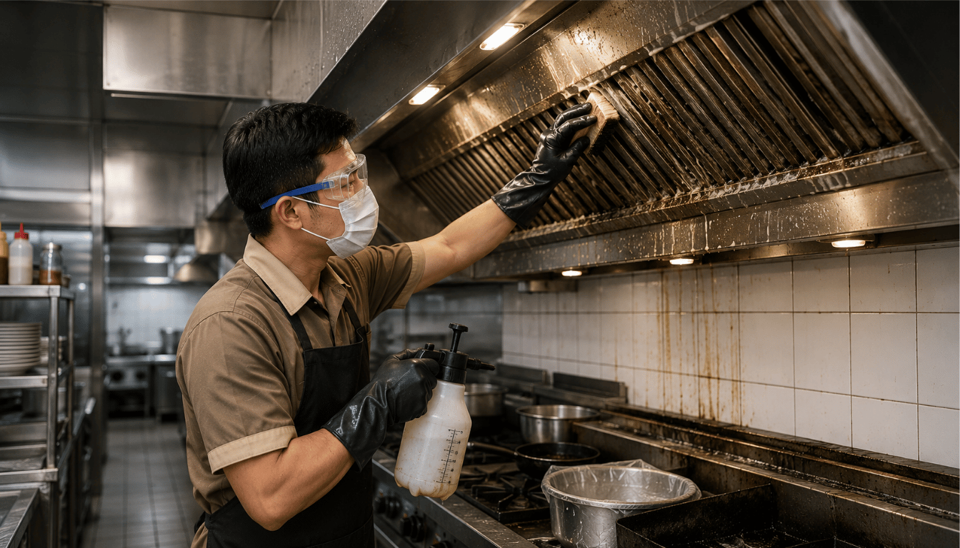 Teknisi membersihkan exhaust hood berkerak lemak di dapur restoran