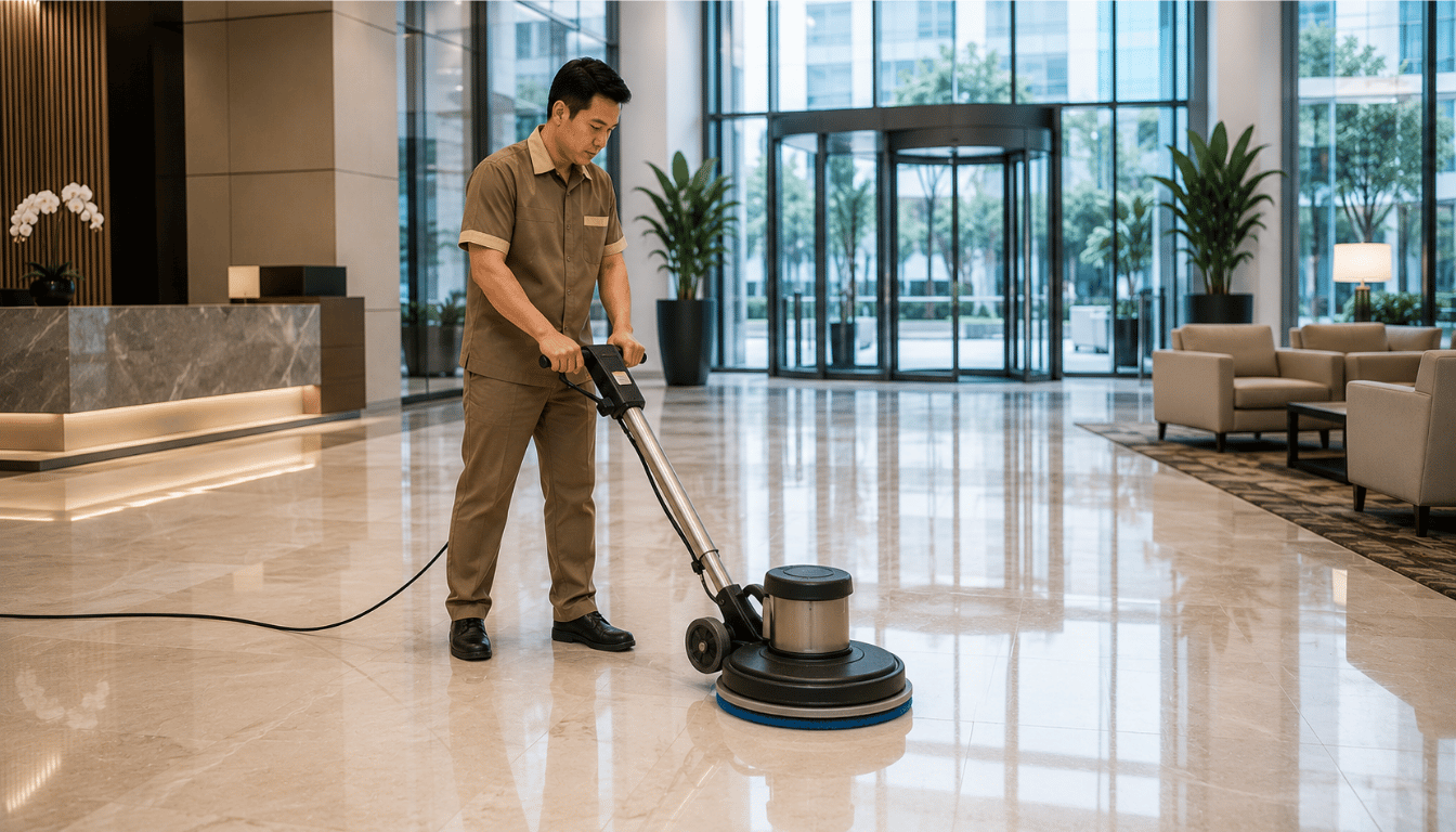 Petugas melakukan polishing lantai lobi gedung komersial