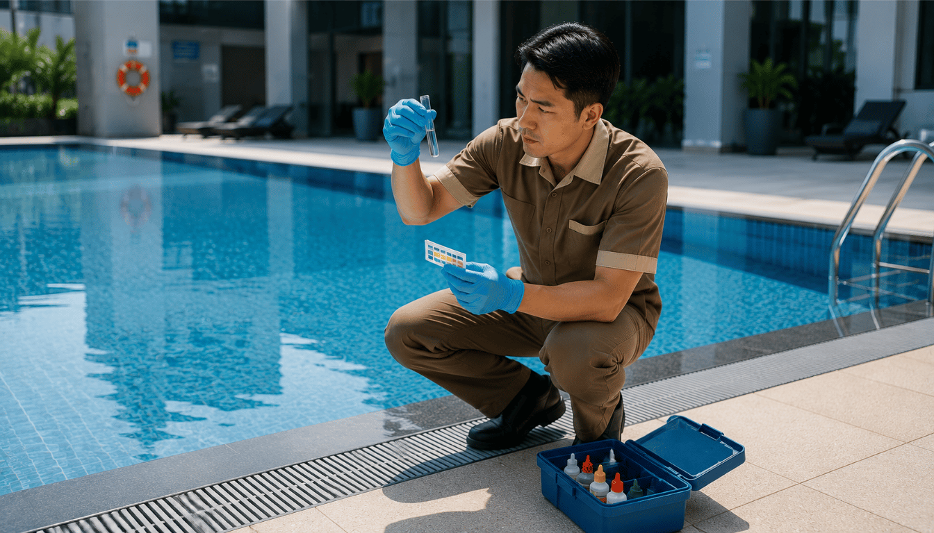 Teknisi memeriksa kadar klorin air kolam renang komersial