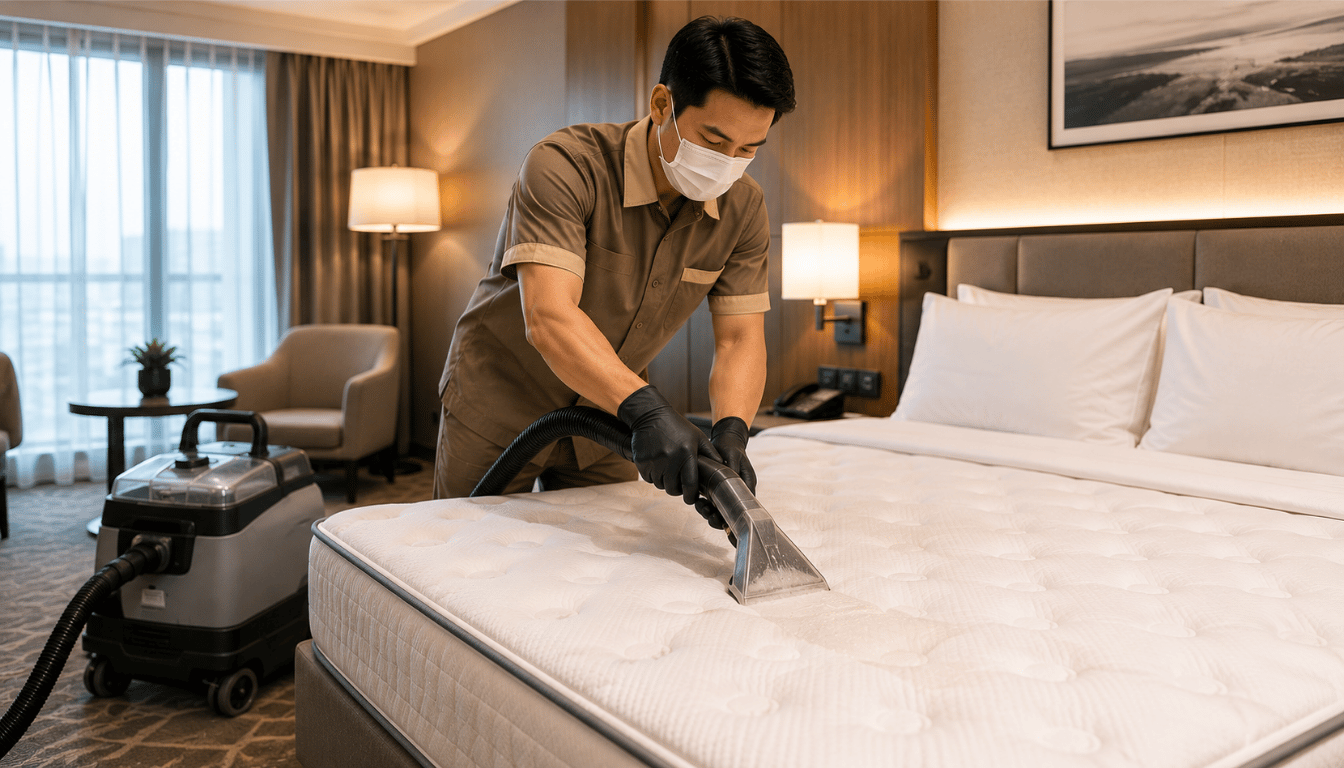 Teknisi melakukan deep cleaning kasur di kamar hotel