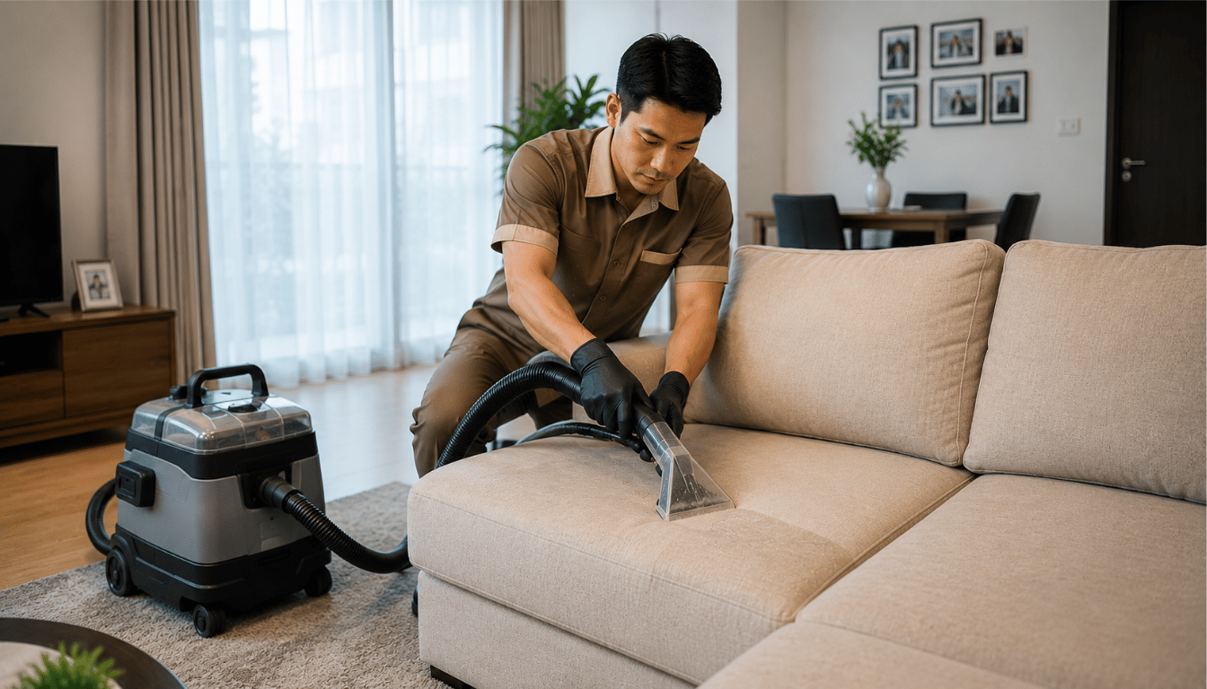 Teknisi melakukan deep cleaning sofa di rumah