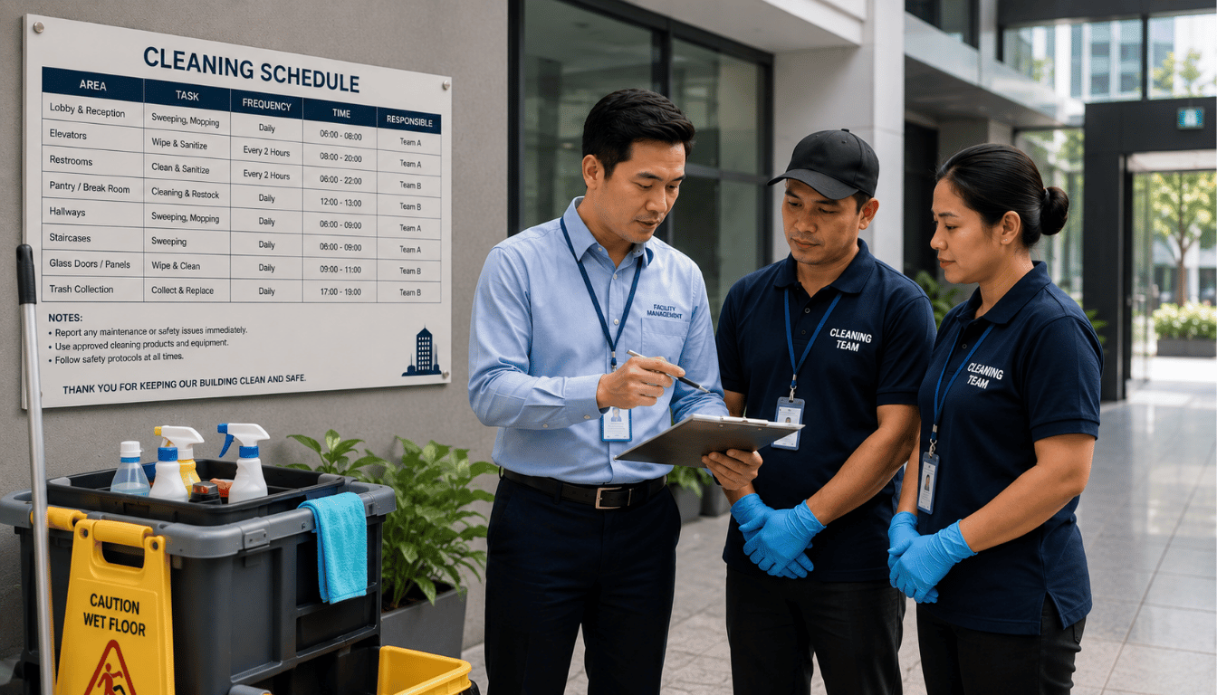 Supervisor kebersihan outsourcing memeriksa checklist di gedung komersial