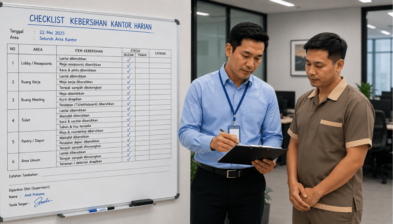 Checklist kebersihan kantor harian ditinjau oleh supervisor